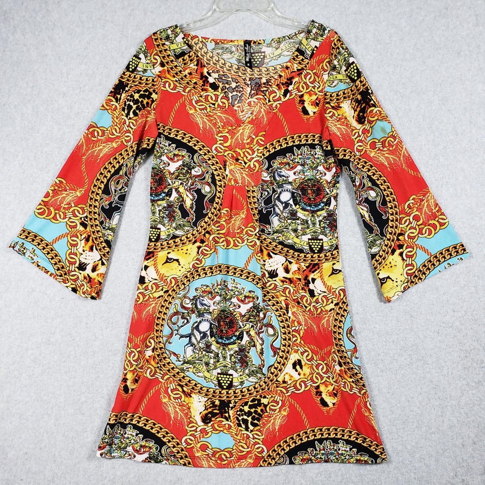 White Mark Women's Red Multi Geometric Bell Sleeve Shift Dress Size Small